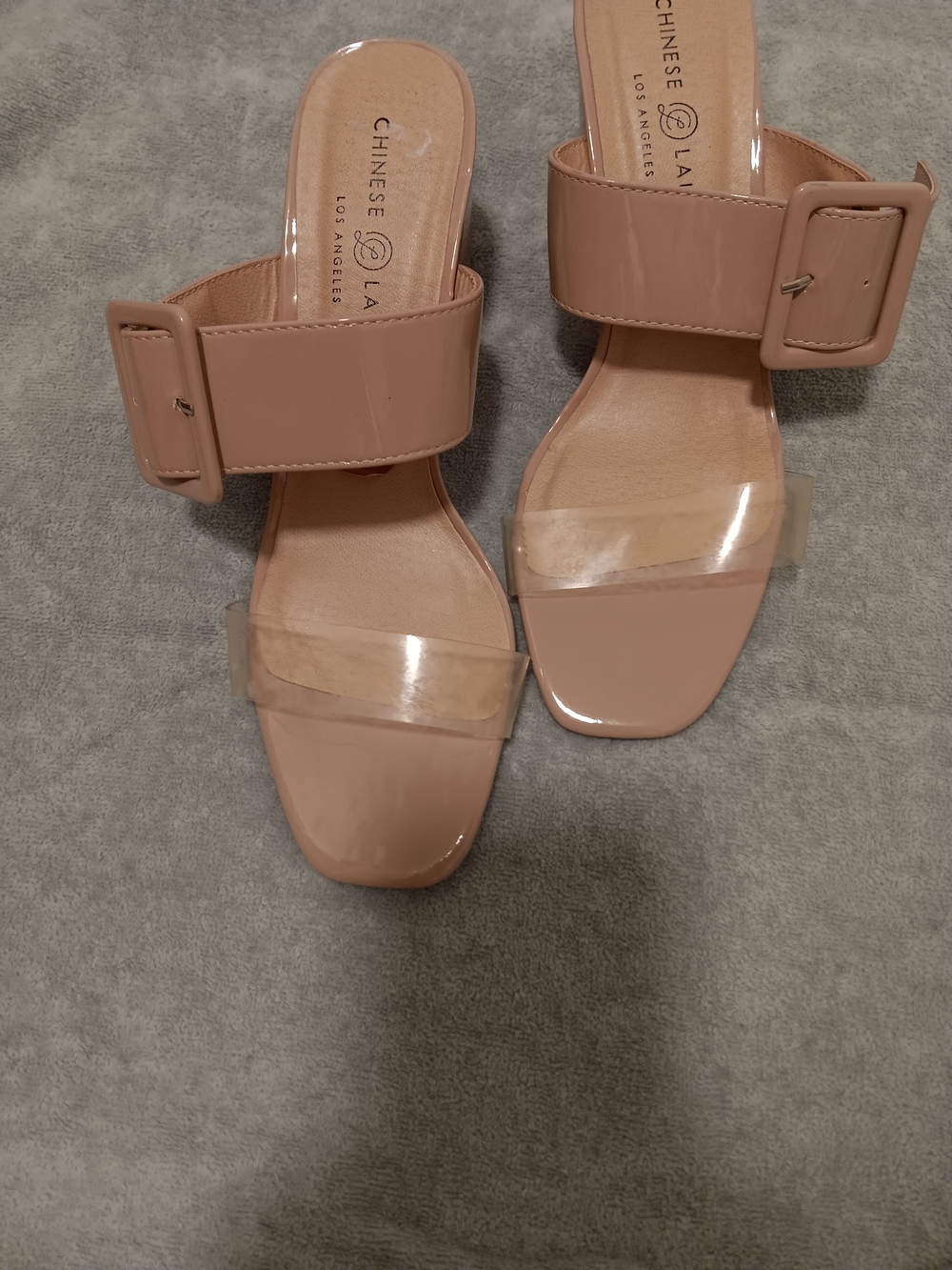 Chinese Laundry Nude Patent Mules with Clear Toe Strap